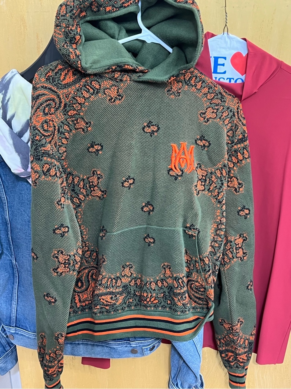 AMIRI Olive Green & Orange Knit Hooded Sweater